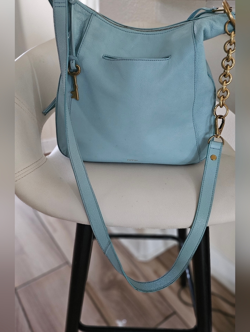 Fossil Leather Crossbody Bag Blue Teal Shoulder Purse Gold Chain Strap Medium. - Picture 3 of 16